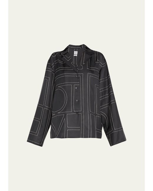 Totême  Black Monogram-embroidered Silk Pajama Top