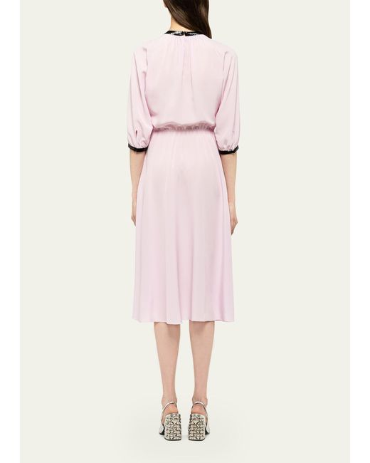 Prada Pink Pleated Crepe Midi Dress W/ Contrast Sequined Trim