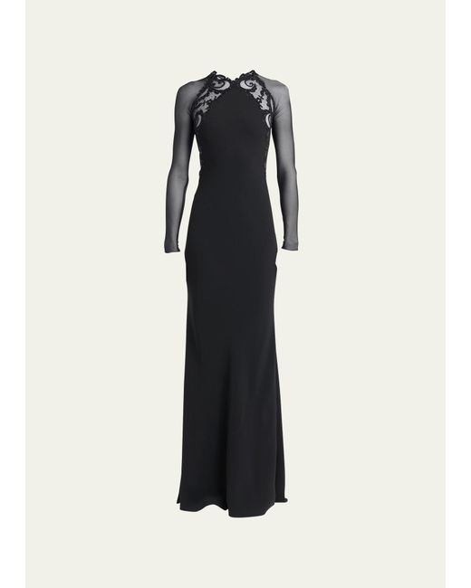 Versace Blue Long Sleeve Lace-embroidered Gown