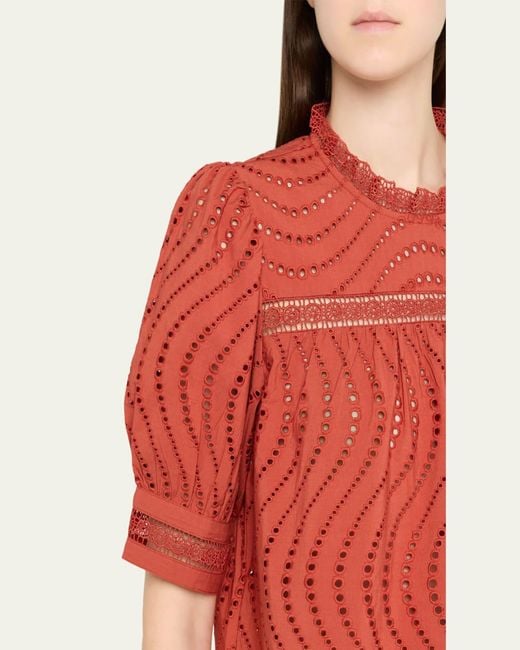 Ulla Johnson Red Virginia Lace Eyelet Short-Sleeve Blouse