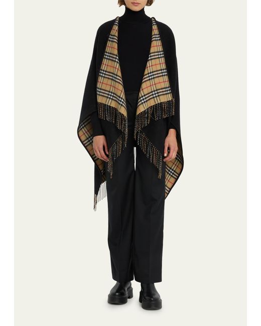 Burberry Black Vintage-style Check Fringed Wool Cape