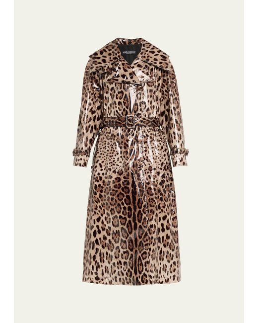 Dolce & Gabbana White Leopard-print Belted Shiny Long Trench Coat