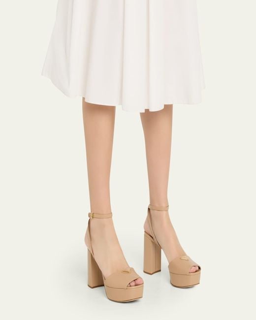 Prada Natural Nappa Triangle Peep-Toe Platform Sandals