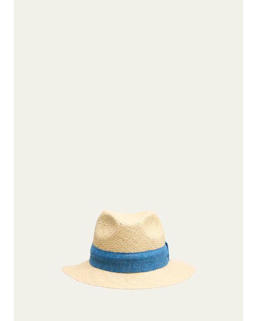 Kiton Blue Embroidered-logo Straw Fedora Hat for men