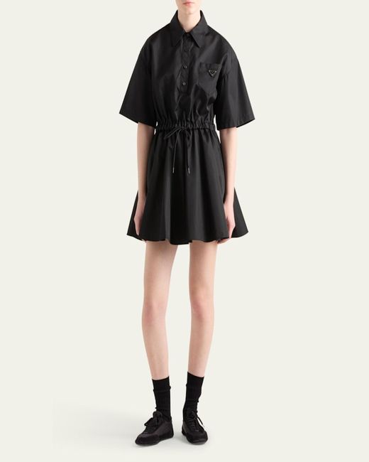 Prada Black Re-Nylon Drawstring Fit-Flare Mini Dress