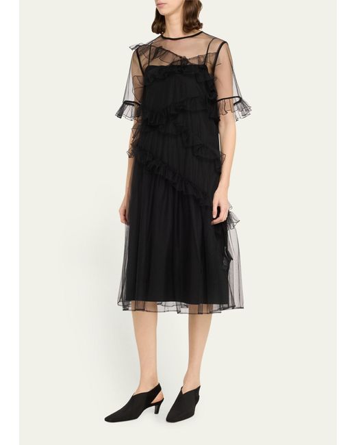 ADEAM Black Kitri Mesh Midi Dress With Ruffle Detail