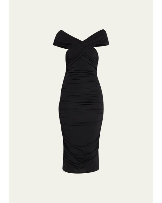 Giorgio Armani Black Off-the-shoulder Ruched Jersey Midi Dress