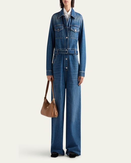Prada Denim Belted Wide Leg Jumpsuit In Blue Lyst prada-denim-belted-wide-leg-jumpsuit-in-blue-lyst