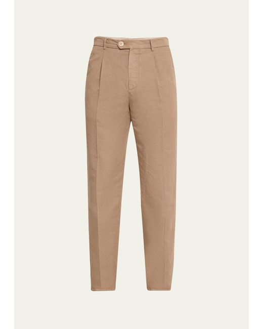 Brunello Cucinelli Natural Slim Fit Cotton-linen Pleated Pants for men