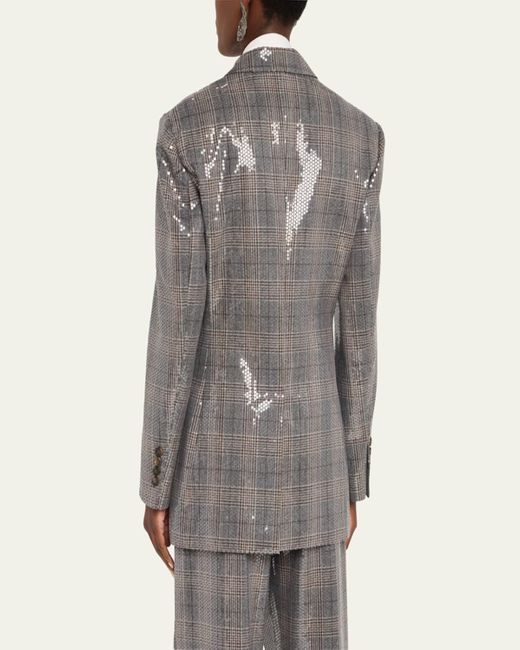 Brunello Cucinelli Gray Glam Check Sequined Double-Breasted Blazer