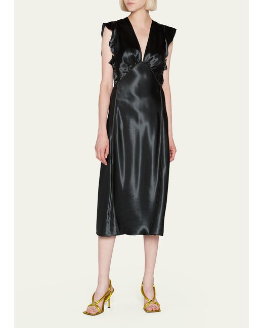 Bottega Veneta Black Frill-trim Satin Midi Dress