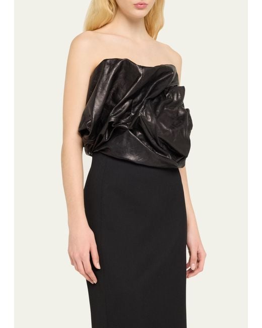 Rick Owens Black Strapless Ruched Leather Bustier Top