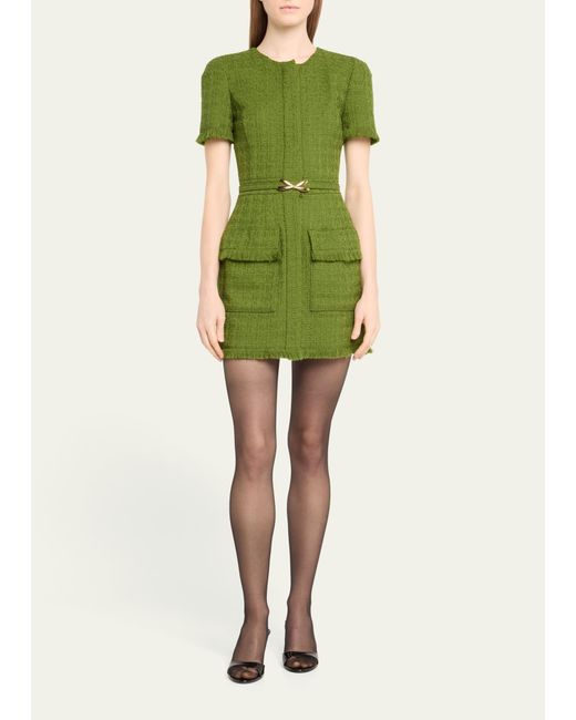 Oscar de la Renta Green Short Sleeve 2 Pkt Button Front A Line Tweed Dress