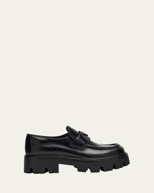 Prada Black Platform Leather Triangle Logo Loafers