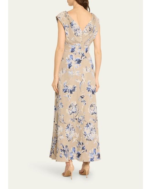 Lela Rose Natural V-neck Floral-print Sleeveless Empire-waist Maxi Dress