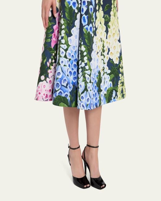 Oscar de la Renta Blue Multi Foxglove Degrade Printed Faille Midi Cocktail Dress