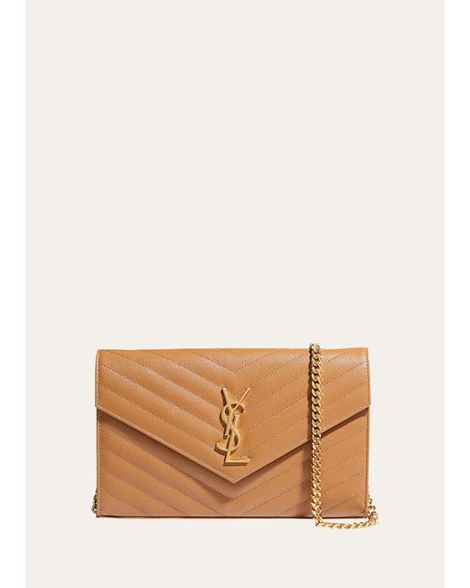 Saint Laurent Natural Ysl Monogram Large Wallet On Chain In Grained Leather