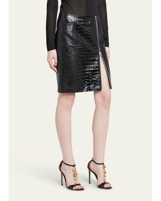 Tom Ford Black Croc-embossed Leather Side Zip Skirt