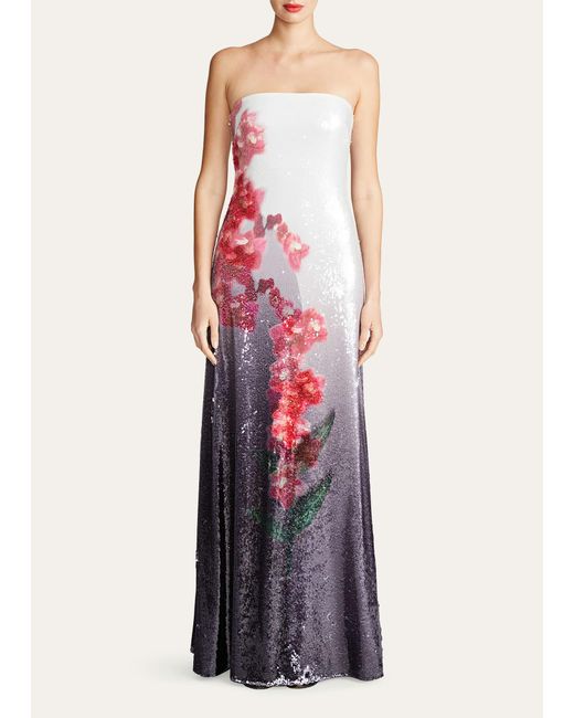 Halston Heritage White Spencer Strapless Floral-print Sequin Gown