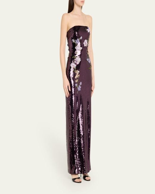 Monique Lhuillier White Strapless Floral-Embroidered Sequin Column Gown