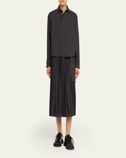 Sacai Black Glen Pleated Check-Print Midi Skirt