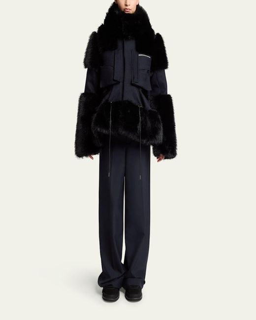 Sacai Black Faux-Fur Trim Wool Utility Jacket