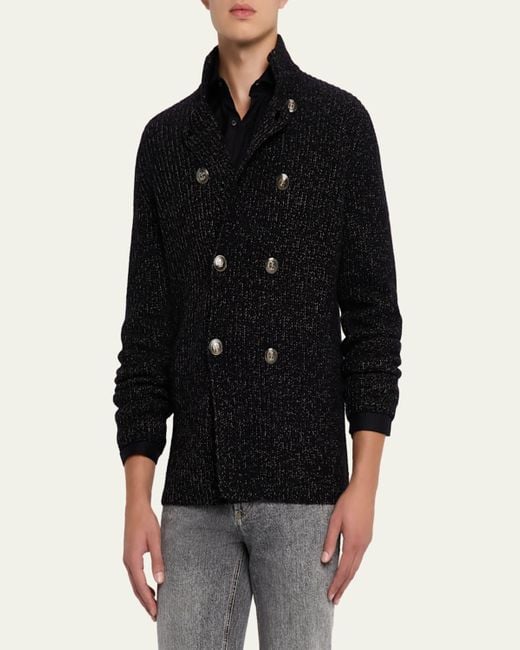 Brunello Cucinelli Black Wool, Silk, And Cashmere Double-Breasted Cardigan for men