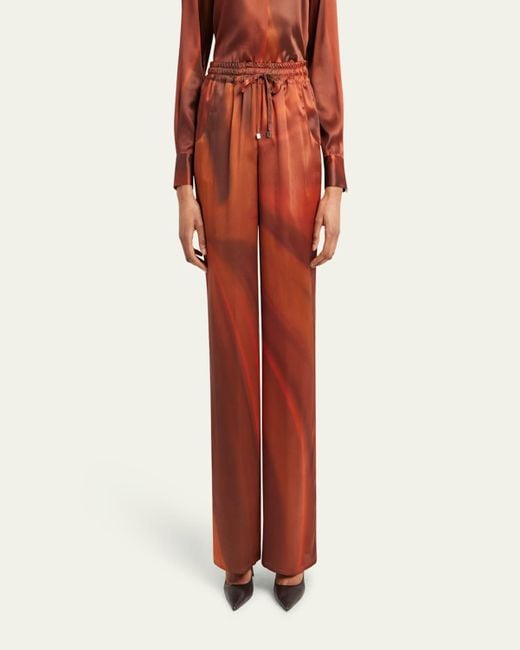 Kiton Red Abstract Drawstring Silk Pants