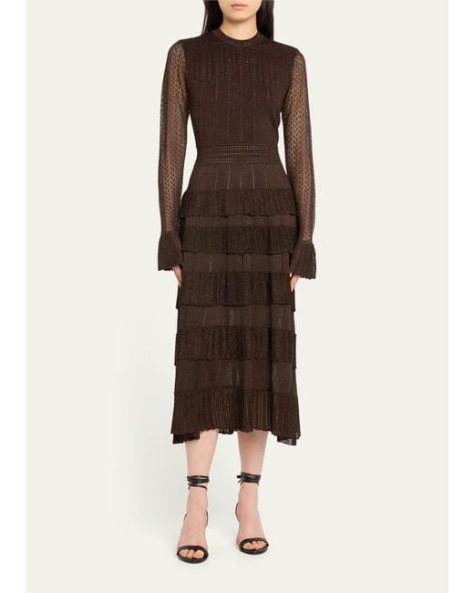 Lela Rose Brown Piper Knit Maxi Dress With Tiered Ruffle Detail