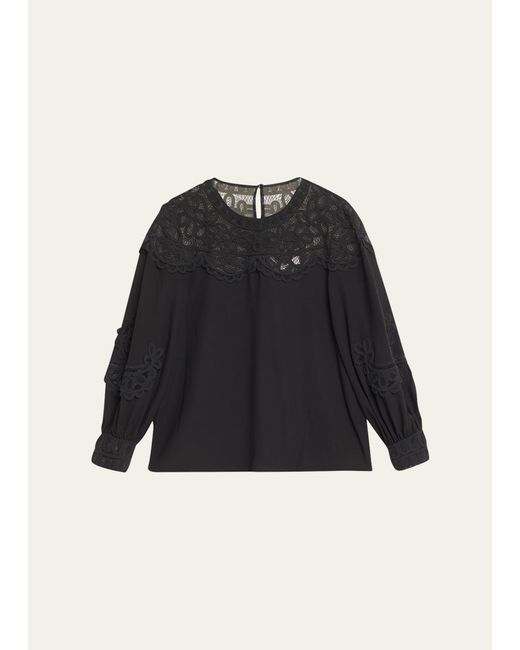 Carolina Herrera Black Embroidered Puff-sleeve Top With Lace Panels
