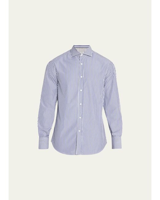 Brunello Cucinelli Blue Cotton Pinstripe Sport Shirt for men