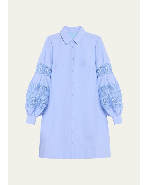 Lela Rose Blue Lace-inset Blouson-sleeve Shirt Dress