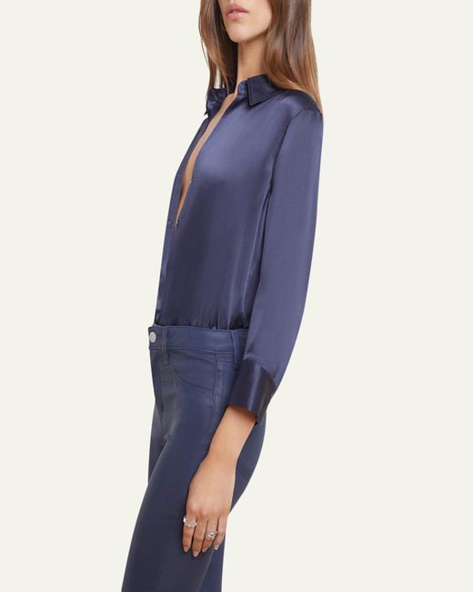 L'Agence Blue Dani Silk Satin 3/4-Sleeve Button-Down Blouse