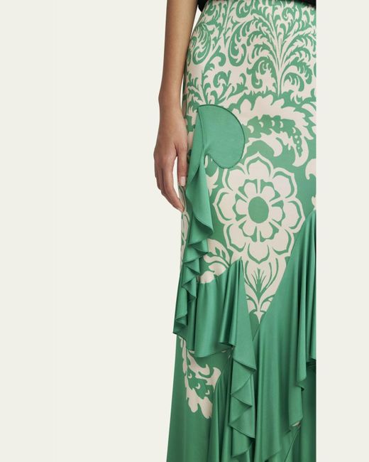 Etro Green Printed Draped Ruffle Maxi Skirt