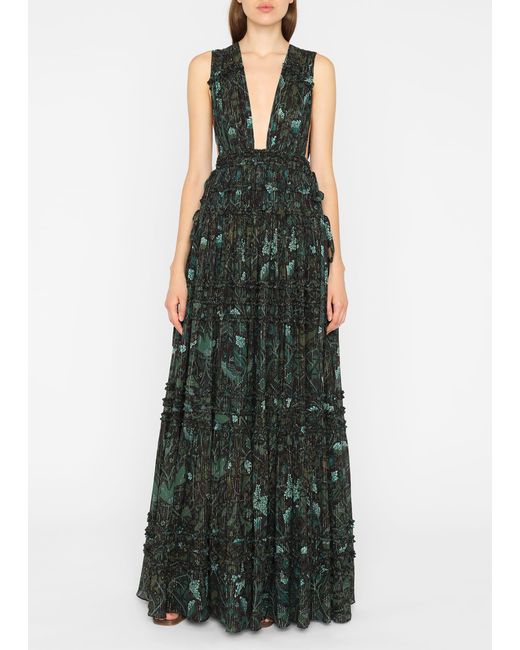 Ulla Johnson Fiona Tiered-skirt Open-back Gown in Green | Lyst