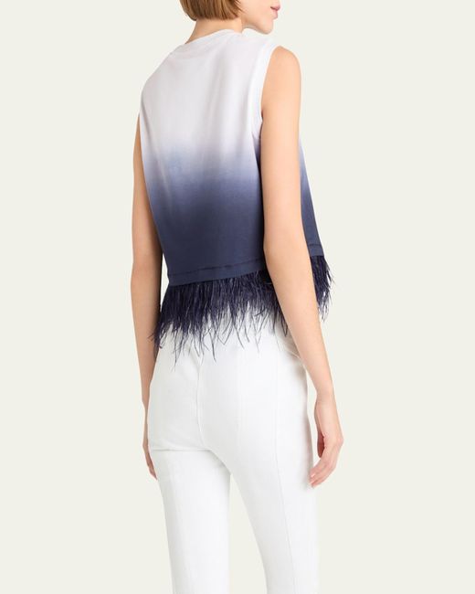 Cinq À Sept Blue Sleeveless Cropped Feather-Trim Tee
