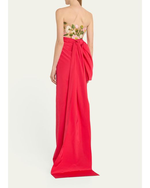 Oscar de la Renta Pink Poppies Embroidered Strapless Corset Bow Faille Gown