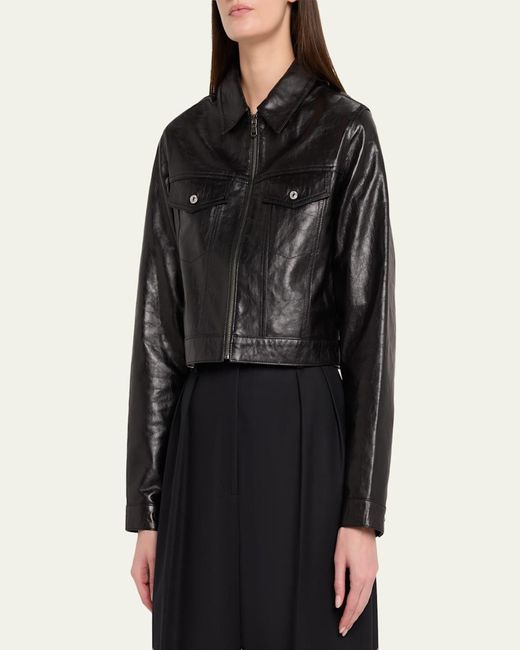 Re/done Black Leather Crop Trucker Jacket