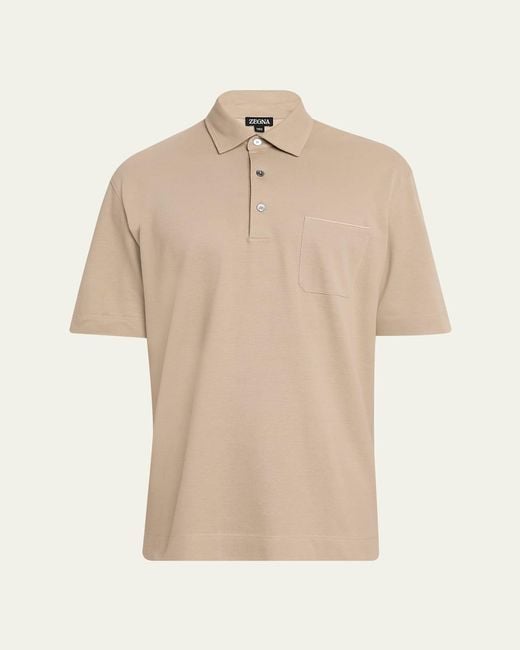 Zegna Natural Leather-Trim Pocket Pique Polo Shirt for men
