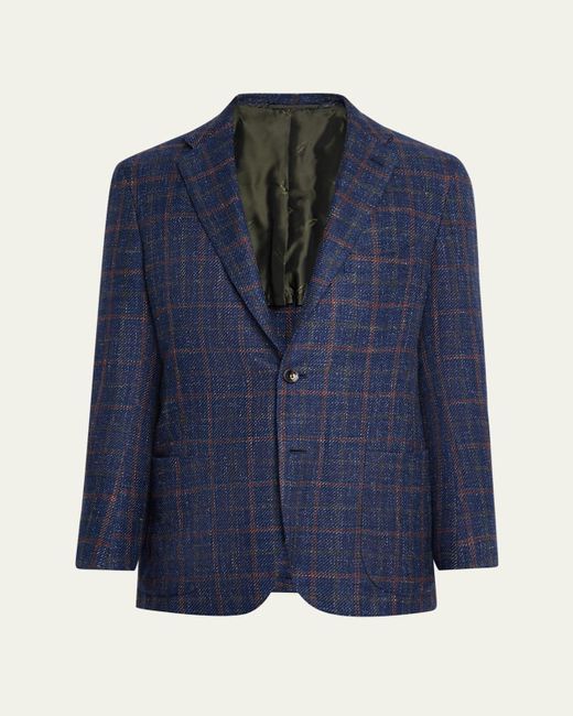 Kiton Blue Windowpane Tweed Patch-Pocket Sport Coat for men