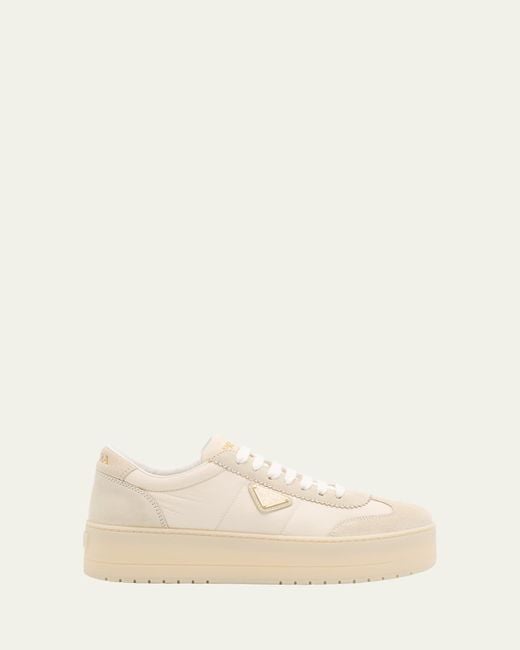 Prada Natural Downtown Nylon Suede Low-Top Sneakers