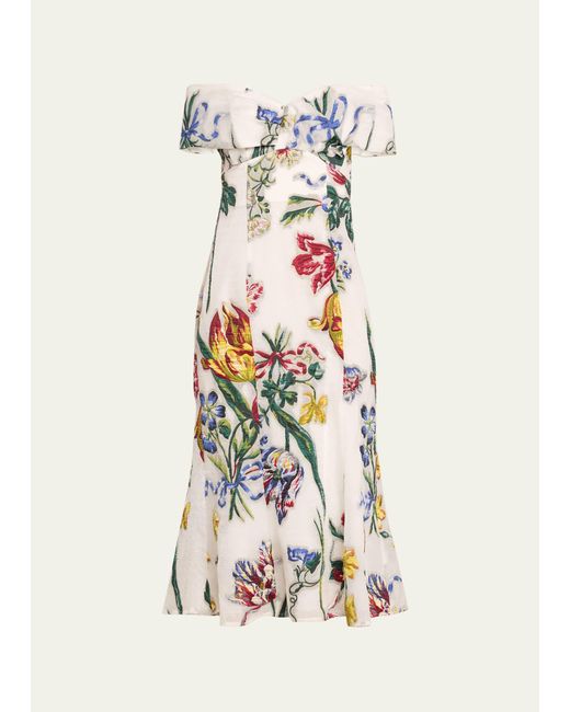 Marchesa White Off-shoulder Floral Fil Coupe Midi Dress