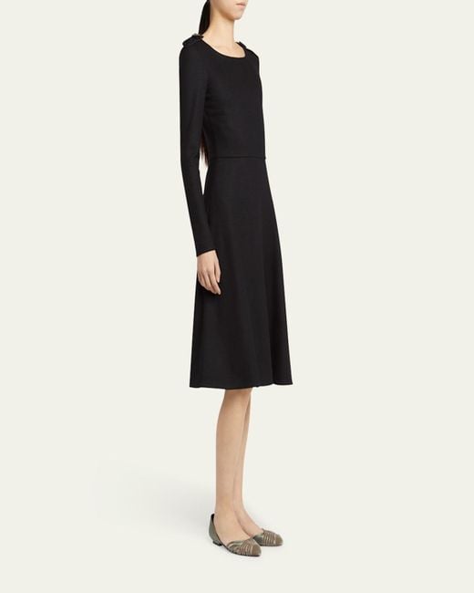 Giorgio Armani Black Shoulder-Epaulet Long-Sleeve Jersey Wool Midi Dress