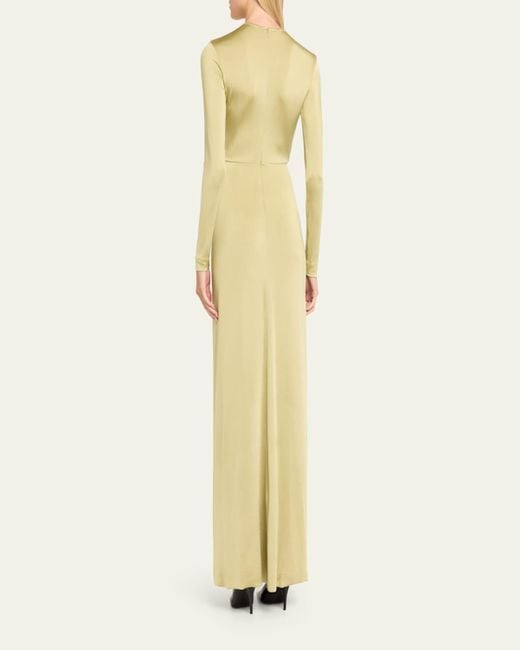 Victoria Beckham Yellow Plunging Gathered Crystal Long-Sleeve Gown