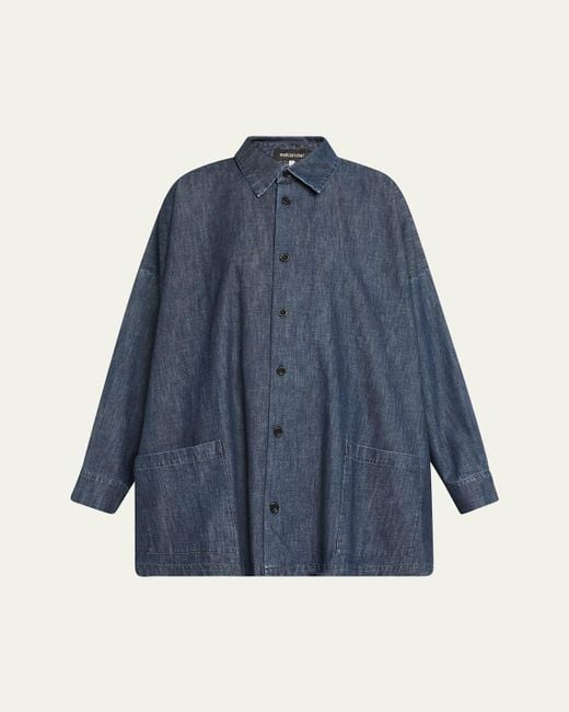 Eskandar Blue Denim Wide A-Line Shirt Jacket With Collar (Long Length)