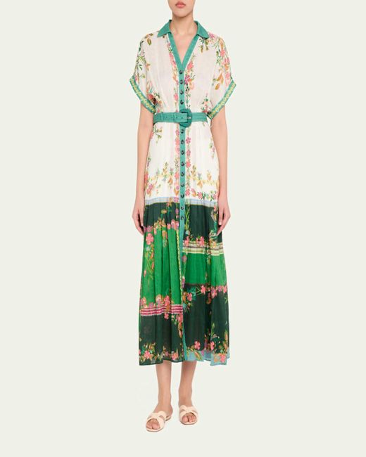 Saloni Red Riya-B Belted Floral Linen Maxi Shirt Dress