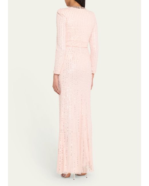 Jenny Packham Pink Macelline Sequined Crystal Crossover Long-sleeve Gown
