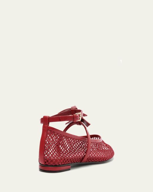 Alexandre Birman Red Slim Clarita Bow-Strap Fishnet Ballerina Flats