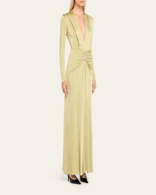 Victoria Beckham Yellow Plunging Gathered Crystal Long-Sleeve Gown