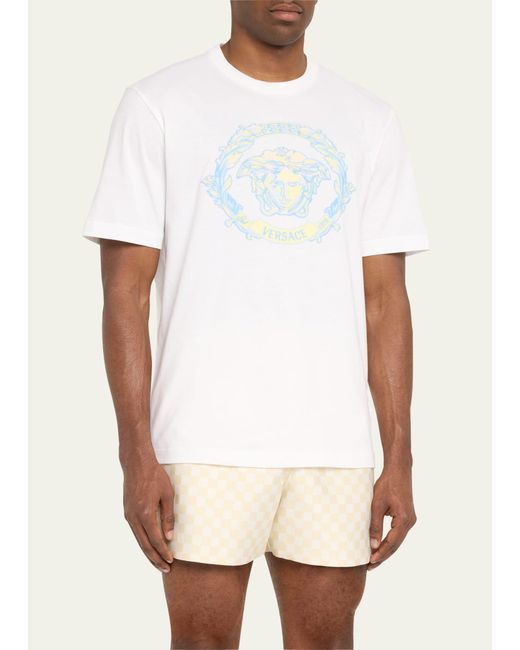 Versace White Barocco Wave Crest Embroidered T-shirt for men